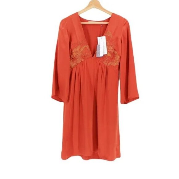 Cynthia Vincent Rust Silk Mini Dress Embroidered V-Neck Bell Sleeve NWT XS $297 - Picture 2 of 6